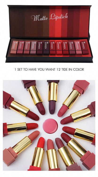 New set of box hard box 12 color square tube sexy red lipstick matte lipstick pumpkin matte brick red dirty orange