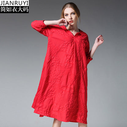 Europe and the United States large size women's fat sister 2018 spring new loose embossed hemp cotton dress 69830