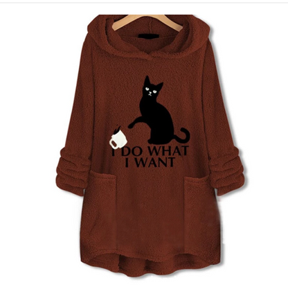 Cat Print Long Hoodies Sweatshirt Women Fleece Warm Embroidery Pocket Pullovers Cat Ear Plus Size Hoodie Top Blouse Sweat Femme