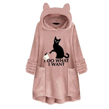 Cat Print Long Hoodies Sweatshirt Women Fleece Warm Embroidery Pocket Pullovers Cat Ear Plus Size Hoodie Top Blouse Sweat Femme