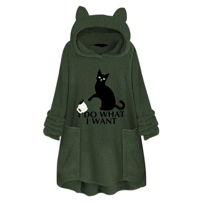 Cat Print Long Hoodies Sweatshirt Women Fleece Warm Embroidery Pocket Pullovers Cat Ear Plus Size Hoodie Top Blouse Sweat Femme